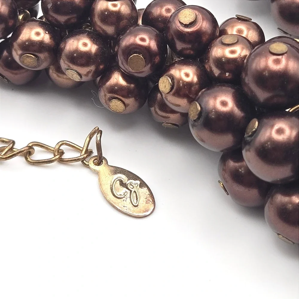 Ethel & Myrtle Chocolate‎ Faux Pearl and Gold Faceted Bead Cluster Bib Necklace